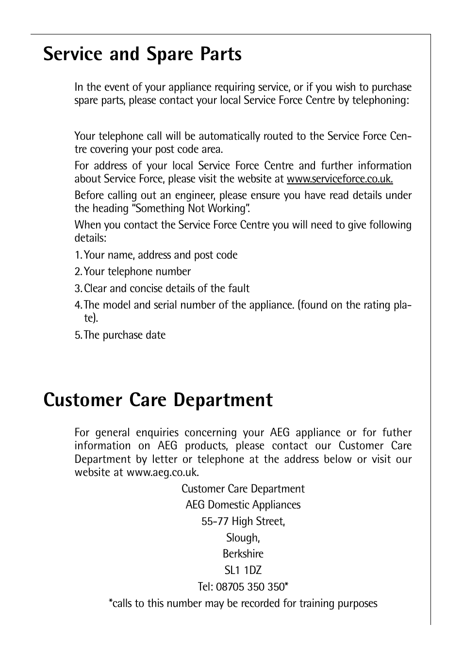 Service and spare parts, Customer care department | Electrolux C 8 18 43 i User Manual | Page 17 / 28