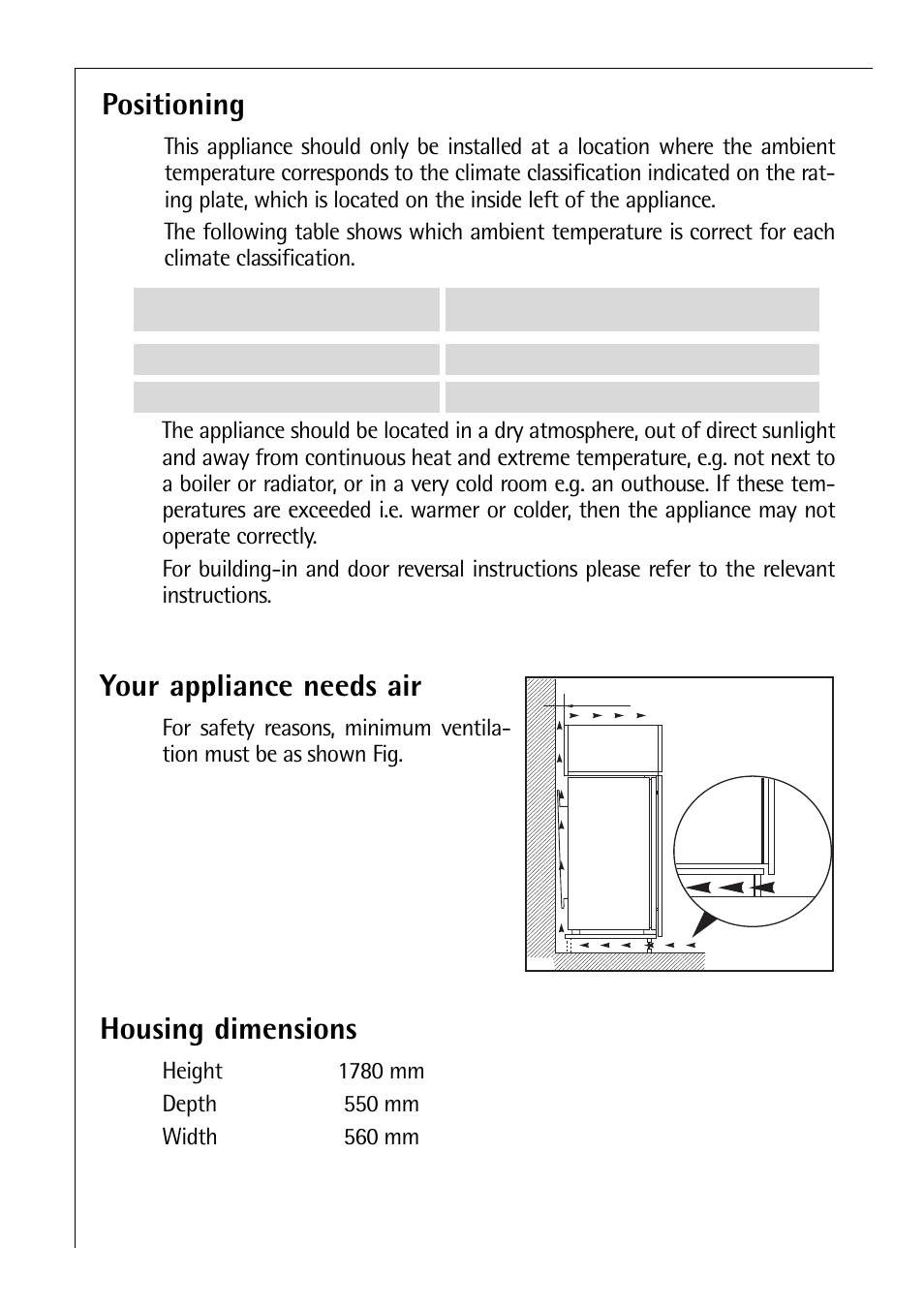 Housing dimensions, Positioning, Your appliance needs air | Electrolux C 8 18 43 i User Manual | Page 20 / 28