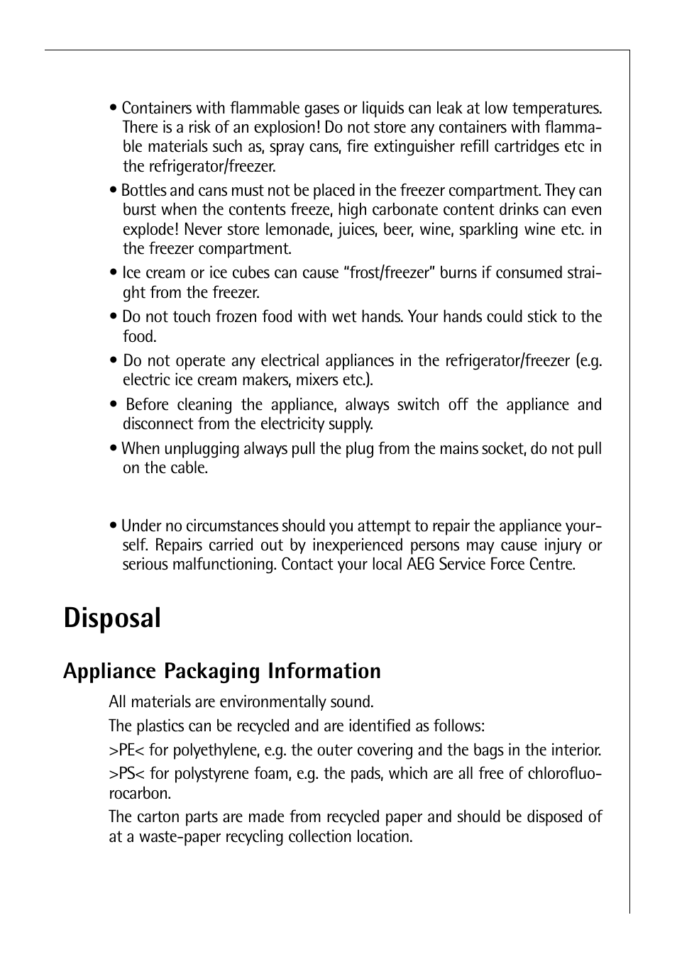 Disposal, Daily operation, Service | Appliance packaging information | Electrolux C 8 18 43 i User Manual | Page 5 / 28