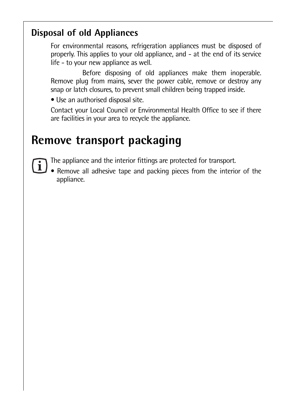 Remove transport packaging, Disposal of old appliances | Electrolux C 8 18 43 i User Manual | Page 6 / 28