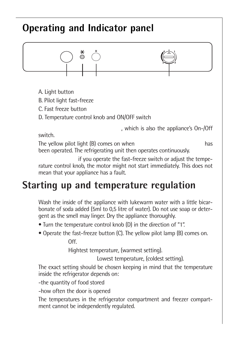 Operating and indicator panel, Starting up and temperature regulation | Electrolux C 8 18 43 i User Manual | Page 7 / 28