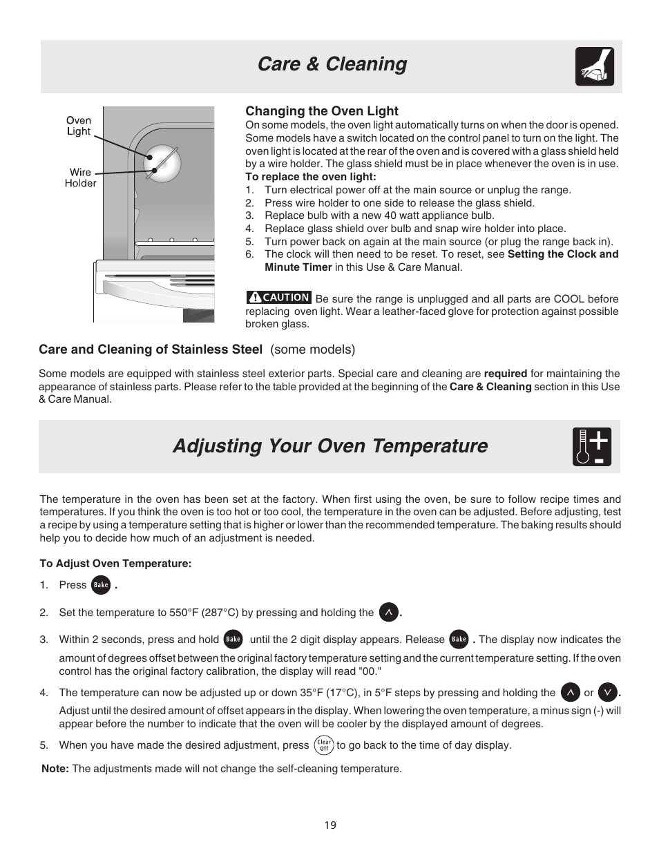 Care & cleaning adjusting your oven temperature | Electrolux ES200/300 User Manual | Page 19 / 24