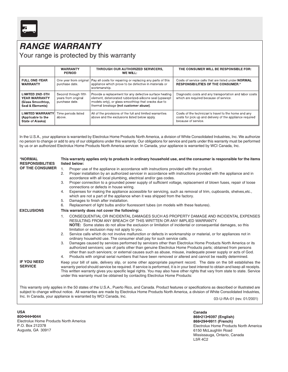 Range warranty, Your range is protected by this warranty | Electrolux ES200/300 User Manual | Page 24 / 24