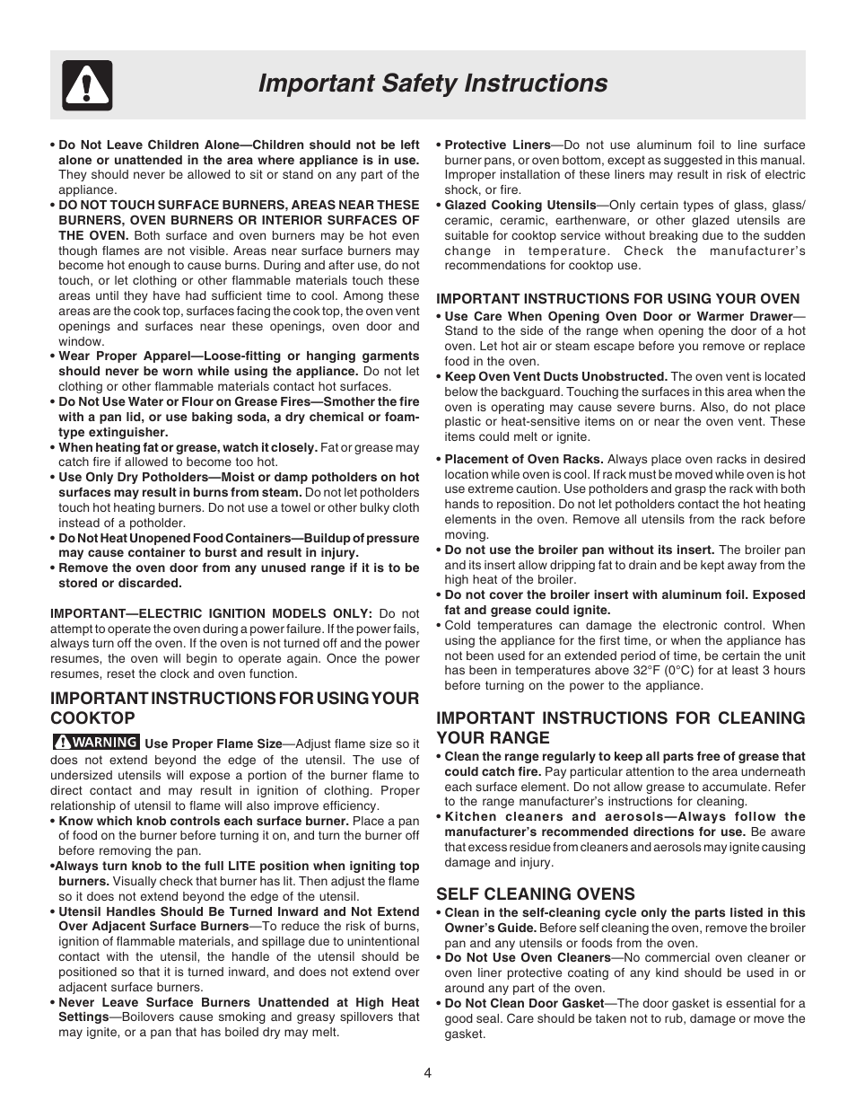 Important safety instructions, Important instructions for cleaning your range, Self cleaning ovens | Important instructions for using your cooktop | Electrolux ES200/300 User Manual | Page 4 / 24