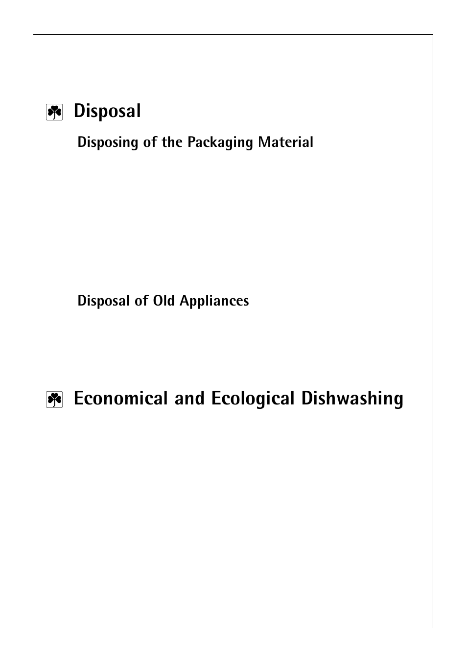 Disposal, Economical and ecological dishwashing, Disposing of the packaging material | Disposal of old appliances | Electrolux 50750 VI User Manual | Page 7 / 40