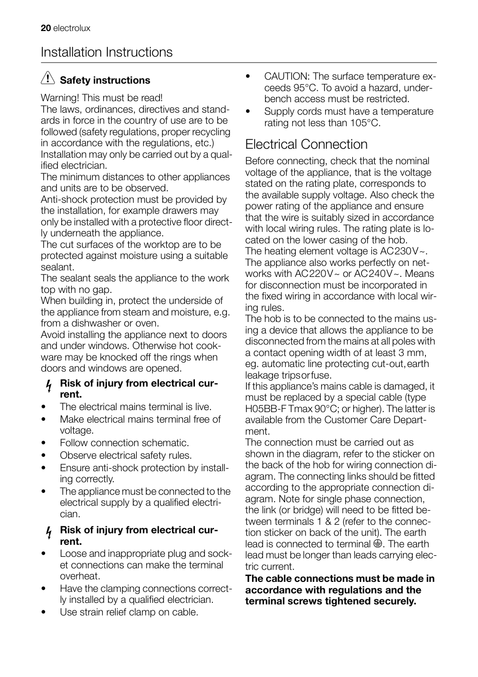 Installation instructions, Electrical connection | Electrolux EHD 60150 IAU User Manual | Page 20 / 28
