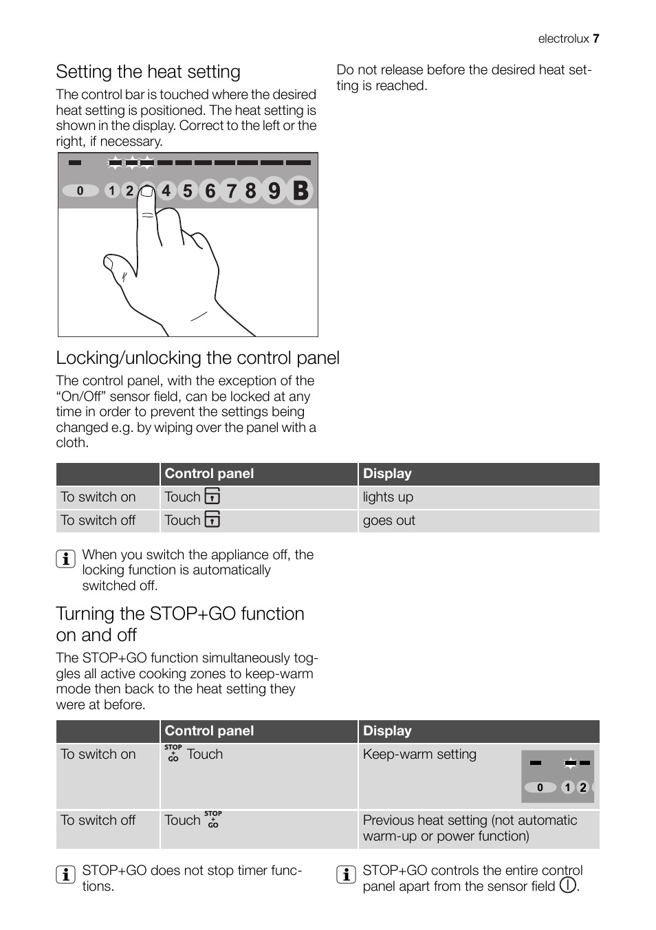 Setting the heat setting, Locking/unlocking the control panel, Turning the stop+go function on and off | Electrolux EHD 60150 IAU User Manual | Page 7 / 28