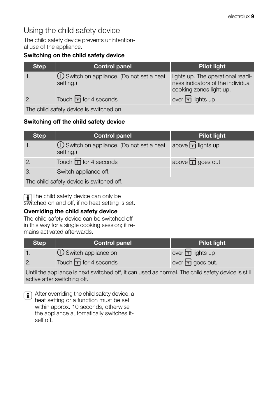 Using the child safety device | Electrolux EHD 60150 IAU User Manual | Page 9 / 28