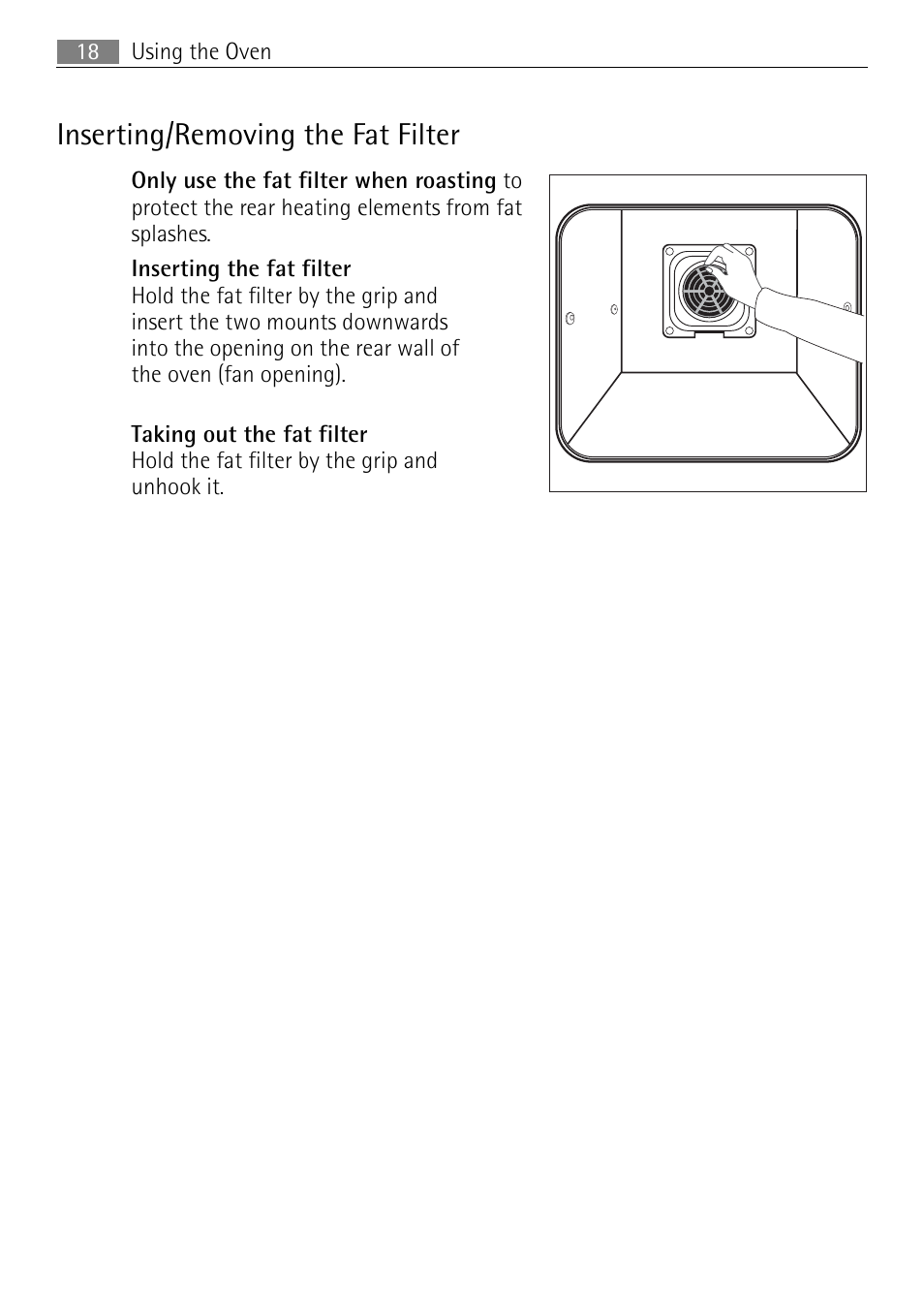 Inserting/removing the fat filter | Electrolux E43012-5 User Manual | Page 18 / 64