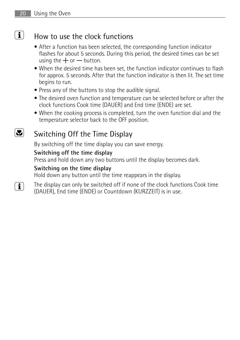 How to use the clock functions, Switching off the time display | Electrolux E43012-5 User Manual | Page 20 / 64