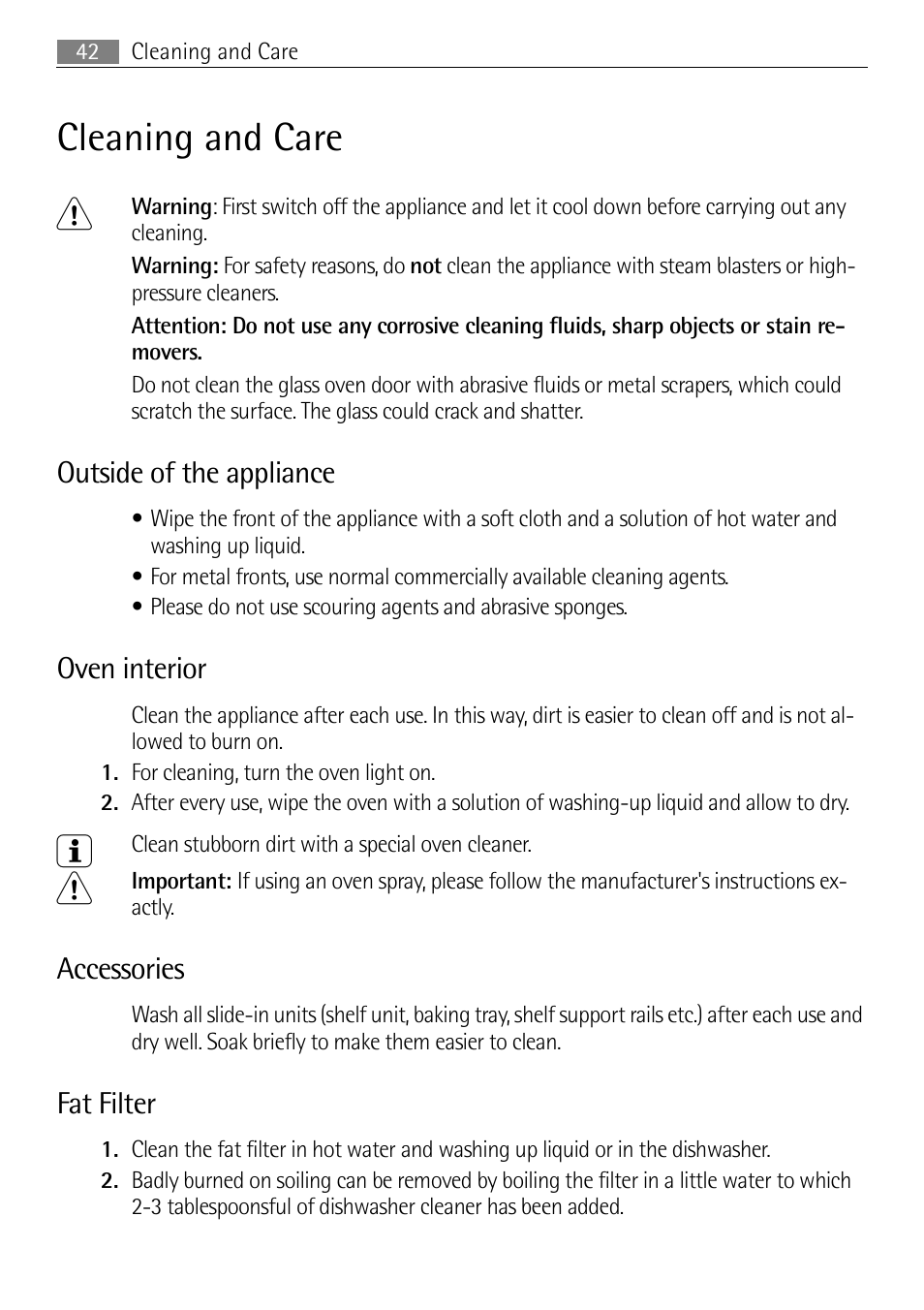 Cleaning and care 1, Outside of the appliance, Oven interior | Accessories, Fat filter | Electrolux E43012-5 User Manual | Page 42 / 64