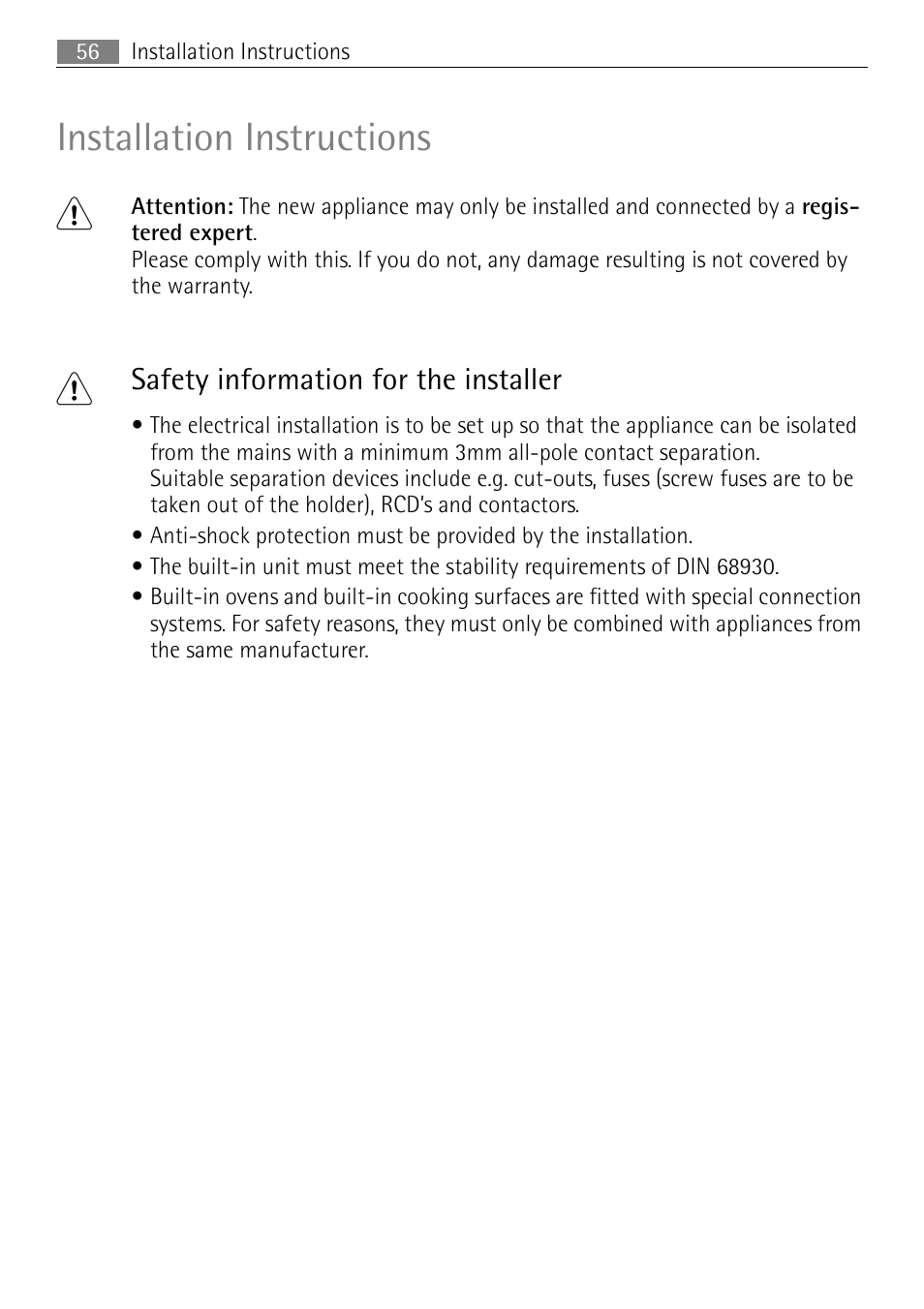 Installation instructions 1, Safety information for the installer | Electrolux E43012-5 User Manual | Page 56 / 64