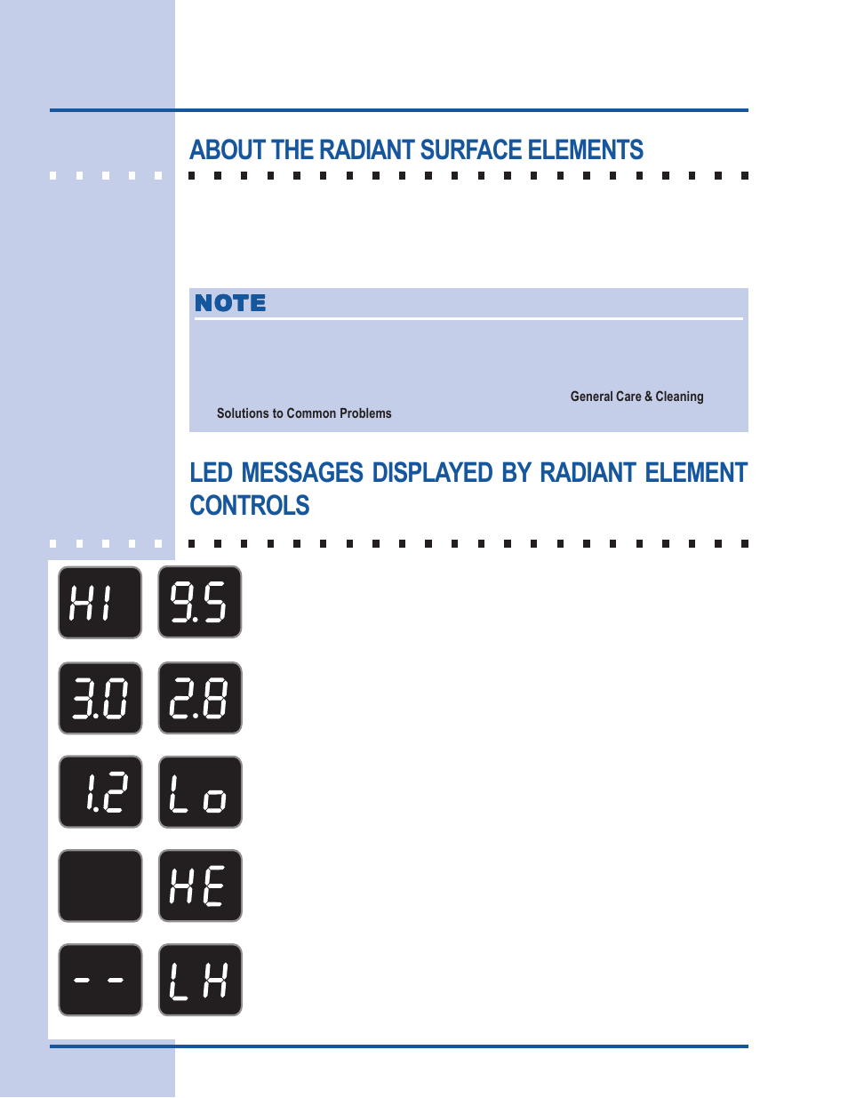 Before using the cooktop, Led messages displayed by radiant element controls, About the radiant surface elements | Electrolux 318 203 603 (0709) User Manual | Page 12 / 32