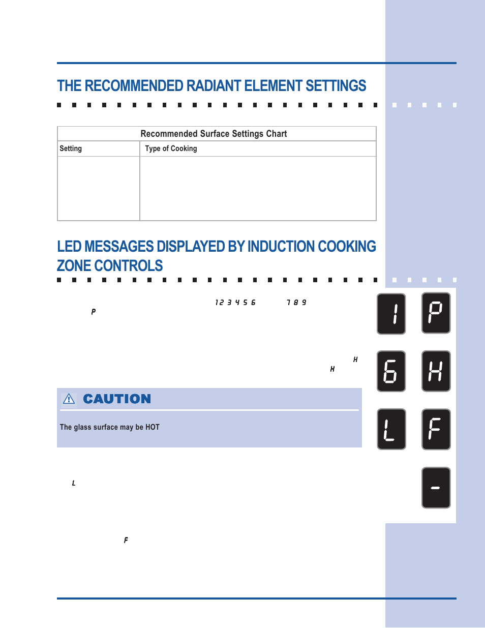 Before using the cooktop, The recommended radiant element settings, Ca caution ution ution ution ution | Electrolux 318 203 603 (0709) User Manual | Page 13 / 32