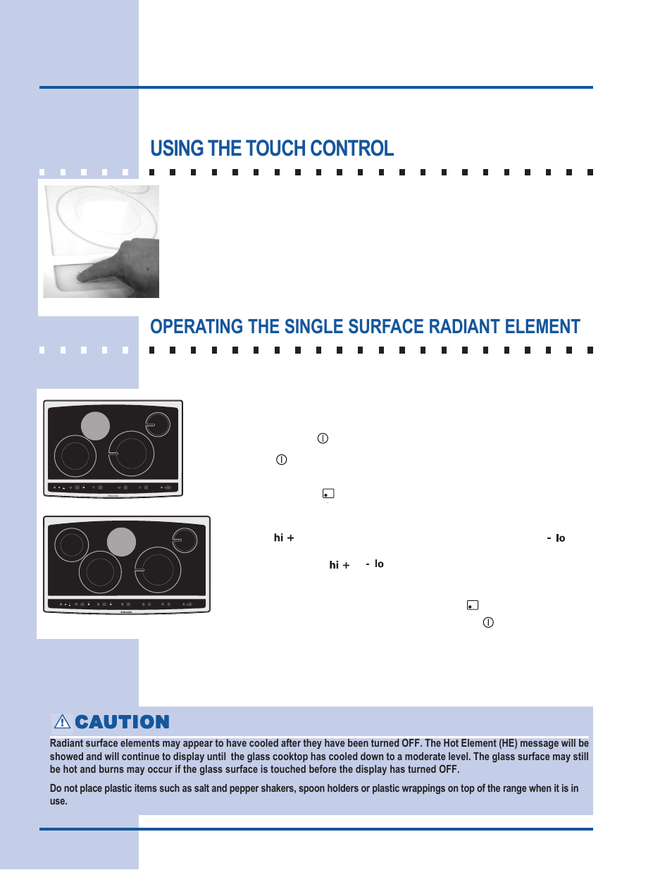 Setting surface controls, Using the touch control, Operating the single surface radiant element | Ca caution ution ution ution ution | Electrolux 318 203 603 (0709) User Manual | Page 18 / 32