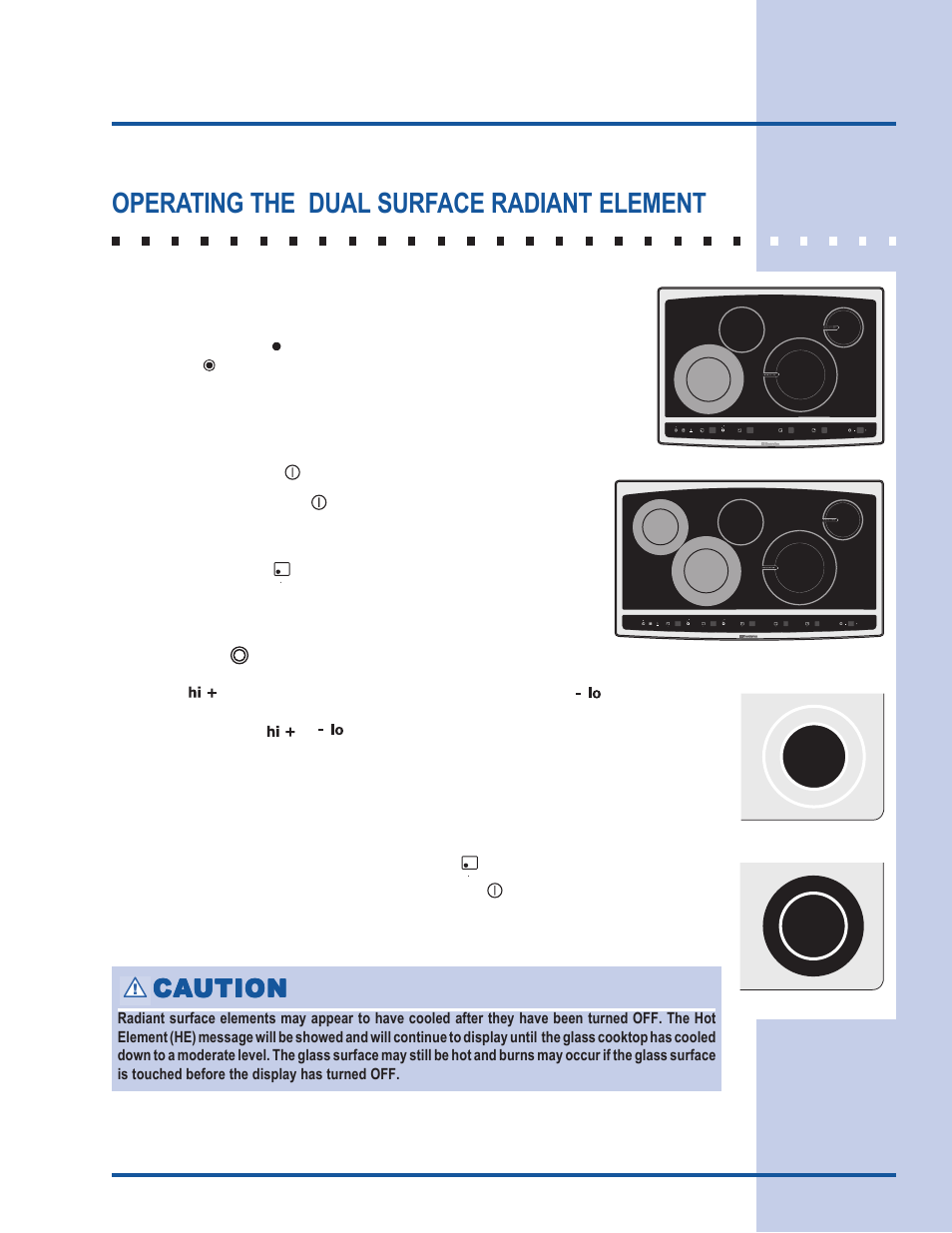 Setting surface controls, Operating the dual surface radiant element, Ca caution ution ution ution ution | Electrolux 318 203 603 (0709) User Manual | Page 19 / 32