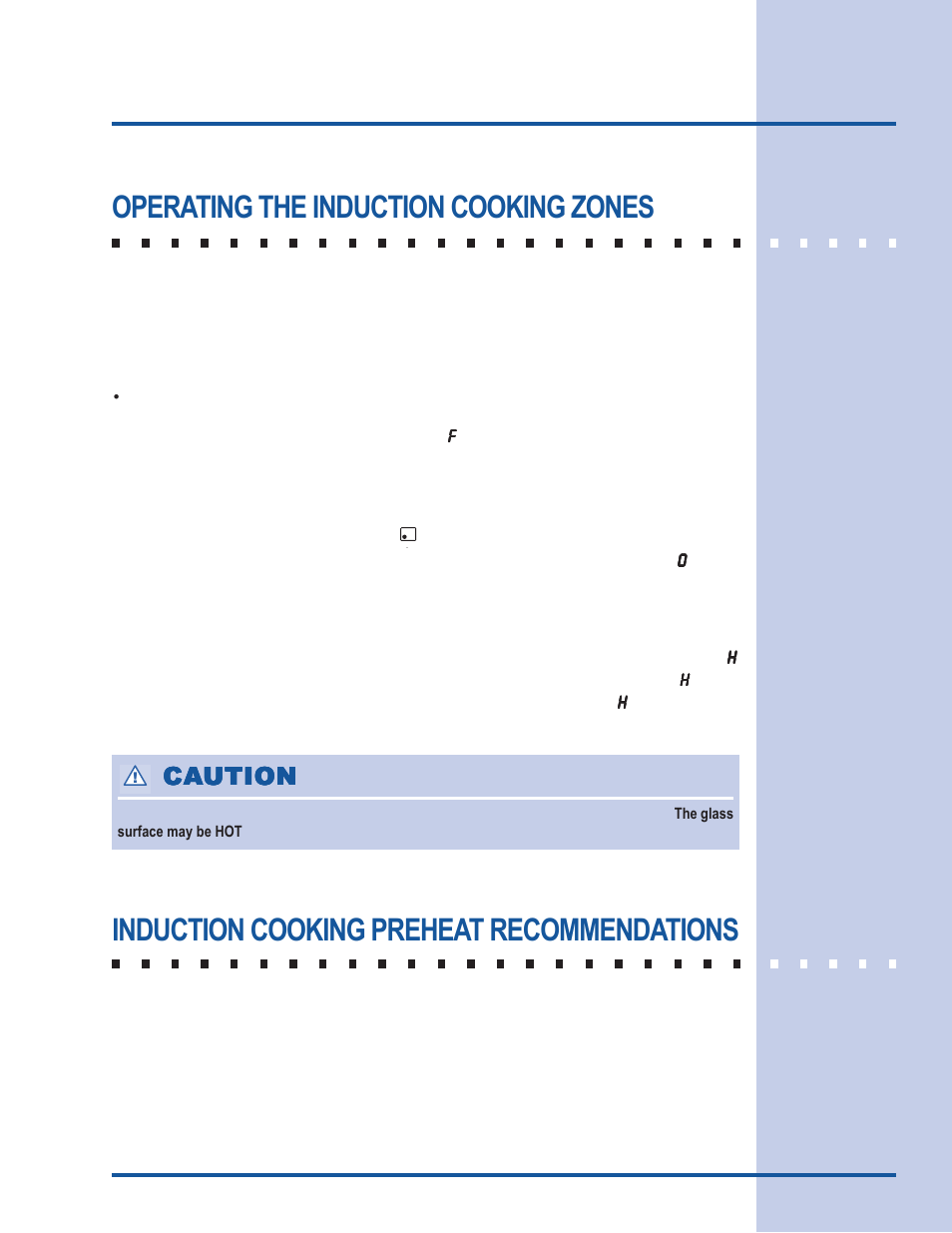 Setting surface controls, Operating the induction cooking zones, Induction cooking preheat recommendations | Ca caution ution ution ution ution | Electrolux 318 203 603 (0709) User Manual | Page 21 / 32