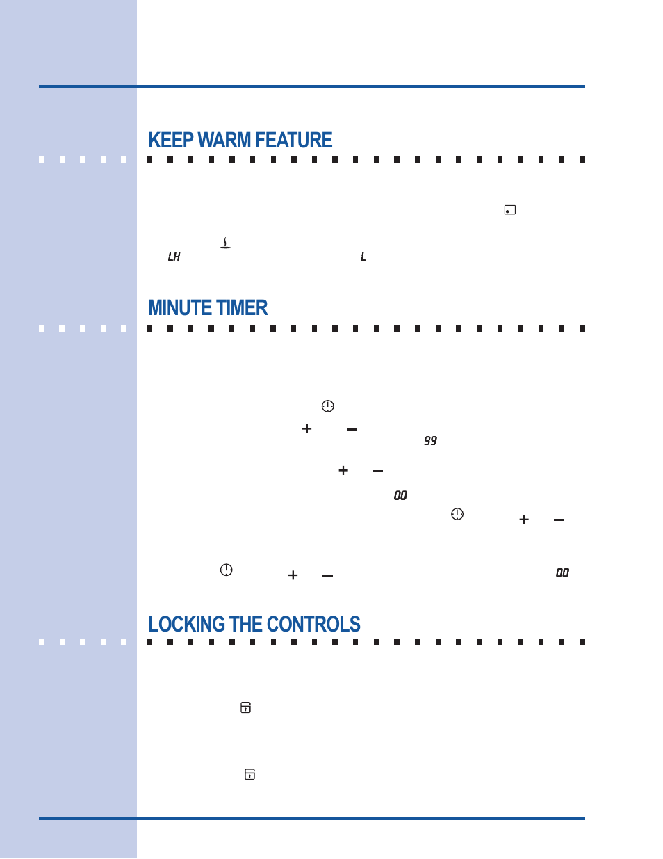 Setting surface controls, Locking the controls, Keep warm feature | Minute timer | Electrolux 318 203 603 (0709) User Manual | Page 22 / 32