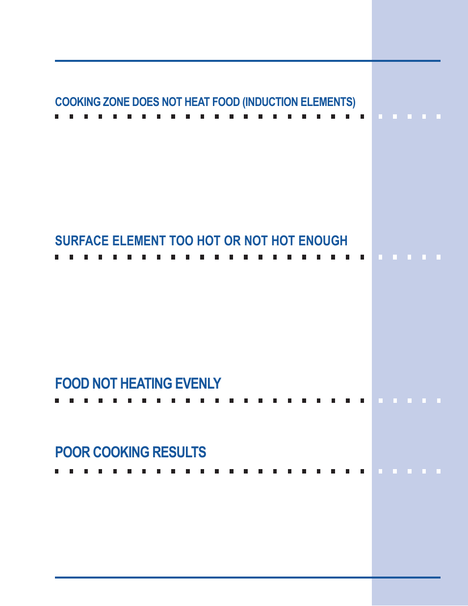 Solutions to common problems, Food not heating evenly, Poor cooking results | Surface element too hot or not hot enough | Electrolux 318 203 603 (0709) User Manual | Page 29 / 32