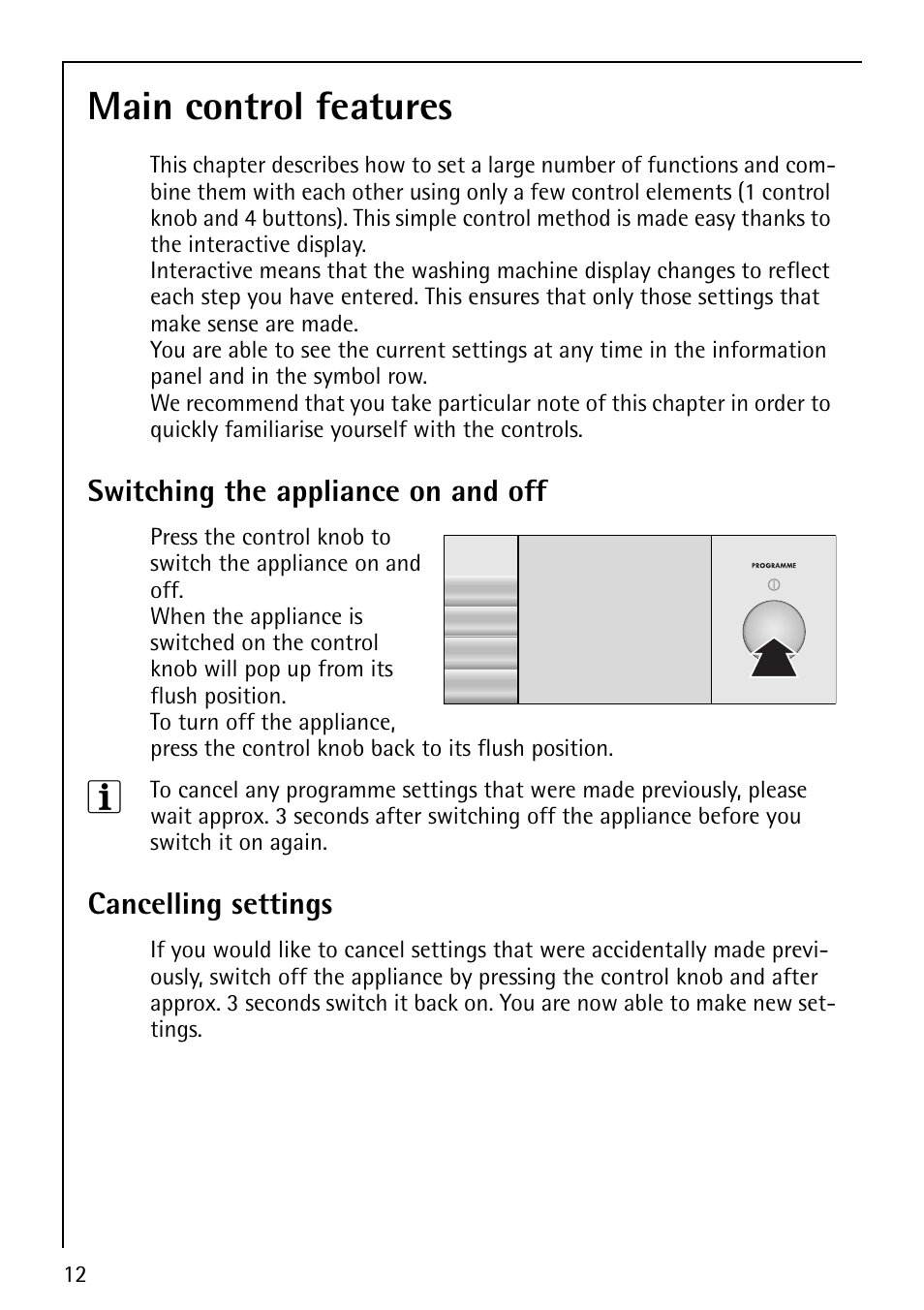 Main control features, Switching the appliance on and off, Cancelling settings | Electrolux 1600 User Manual | Page 12 / 72