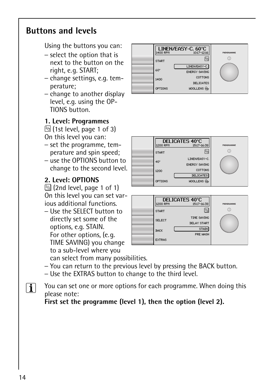 Buttons and levels | Electrolux 1600 User Manual | Page 14 / 72