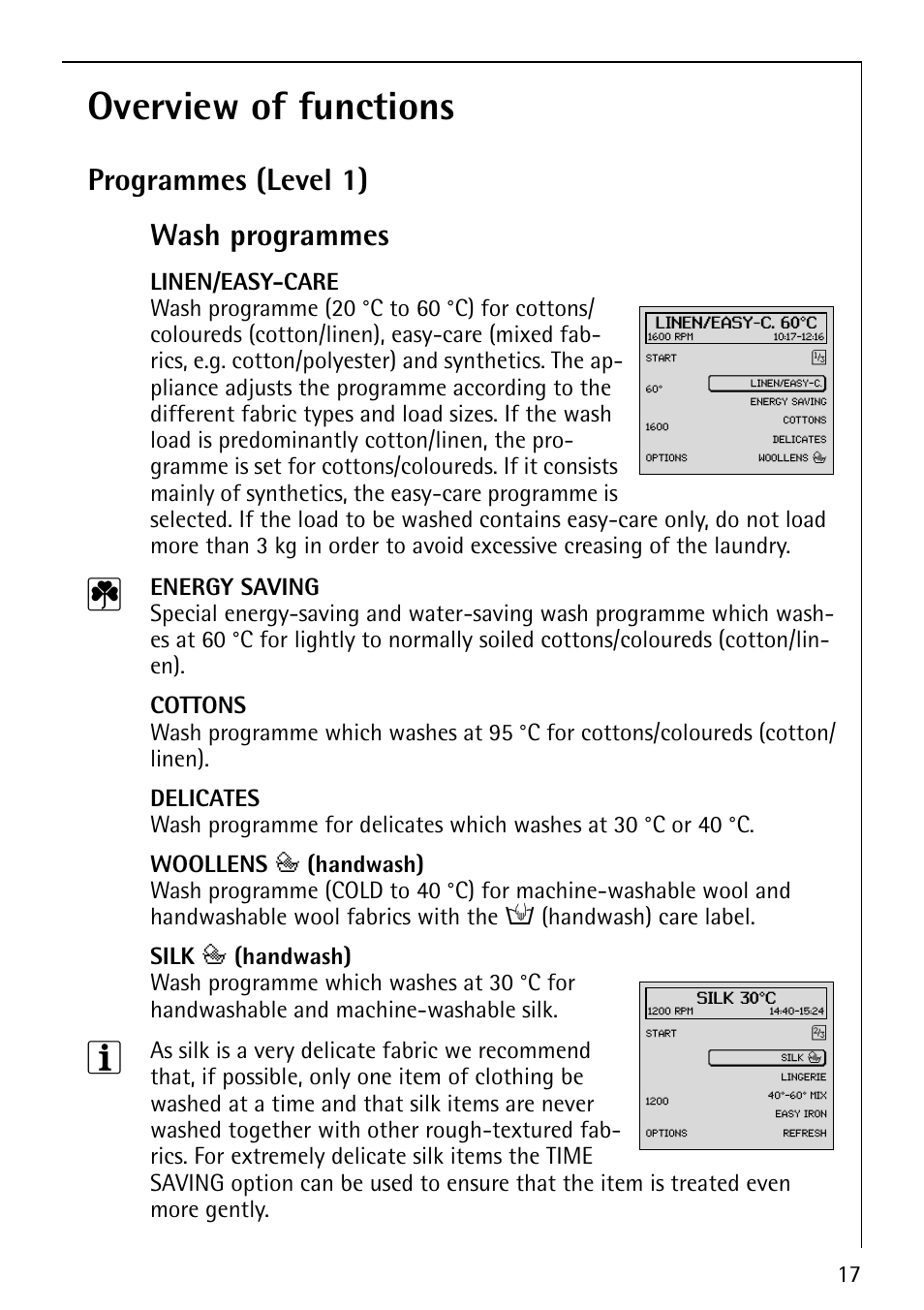 Overview of functions, Programmes (level 1) wash programmes, Linen/easy-care | Electrolux 1600 User Manual | Page 17 / 72