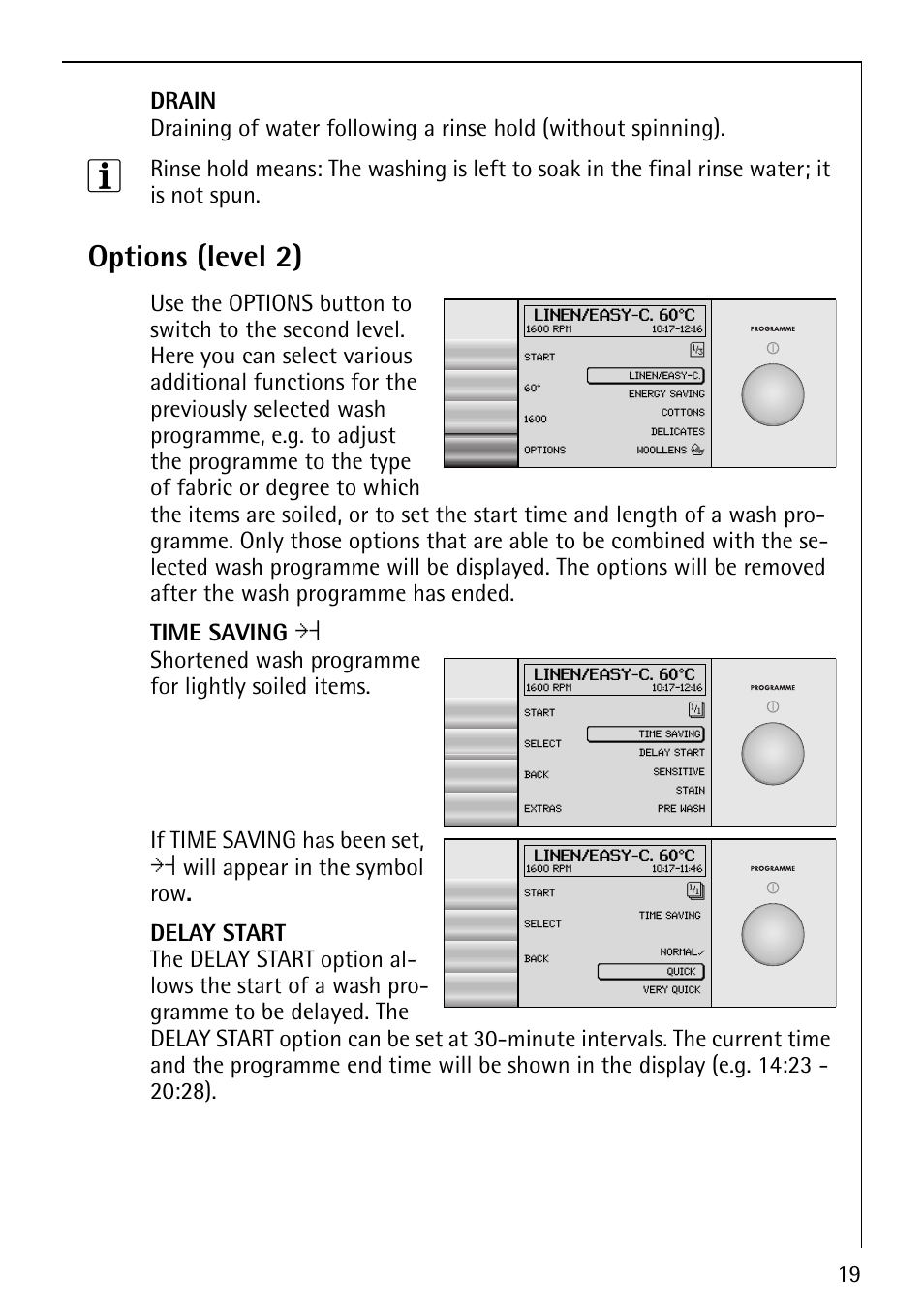 Options (level 2), Shortened wash programme for lightly soiled items | Electrolux 1600 User Manual | Page 19 / 72