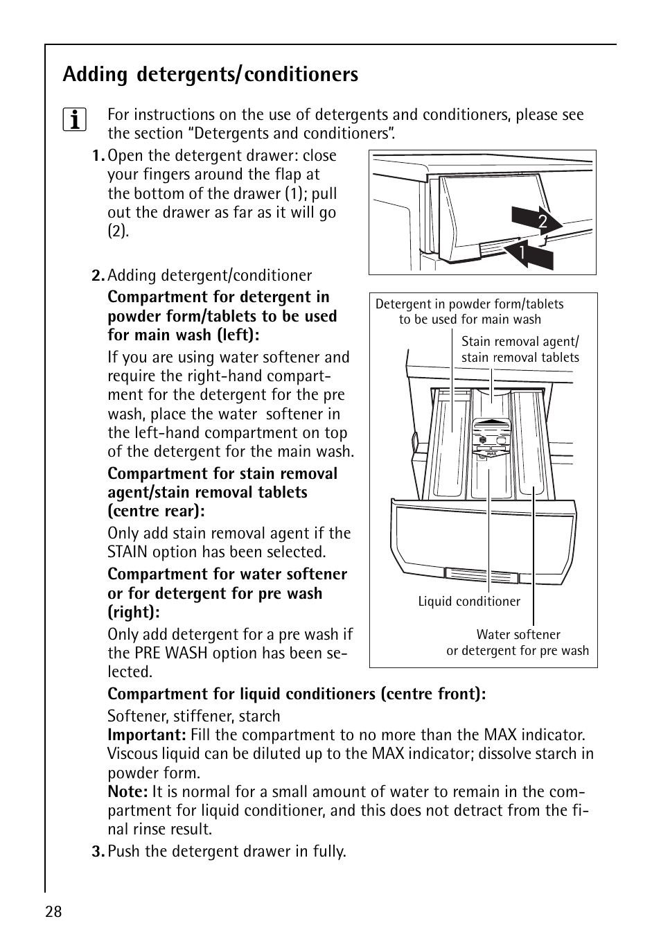 Adding detergents/conditioners | Electrolux 1600 User Manual | Page 28 / 72