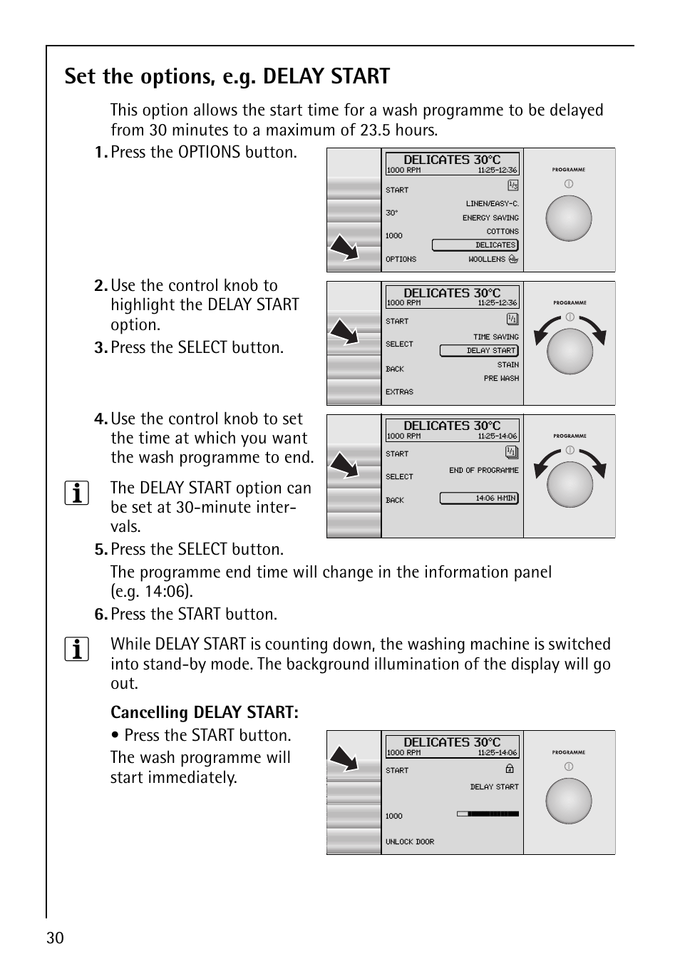 Set the options, e.g. delay start, Press the options button | Electrolux 1600 User Manual | Page 30 / 72