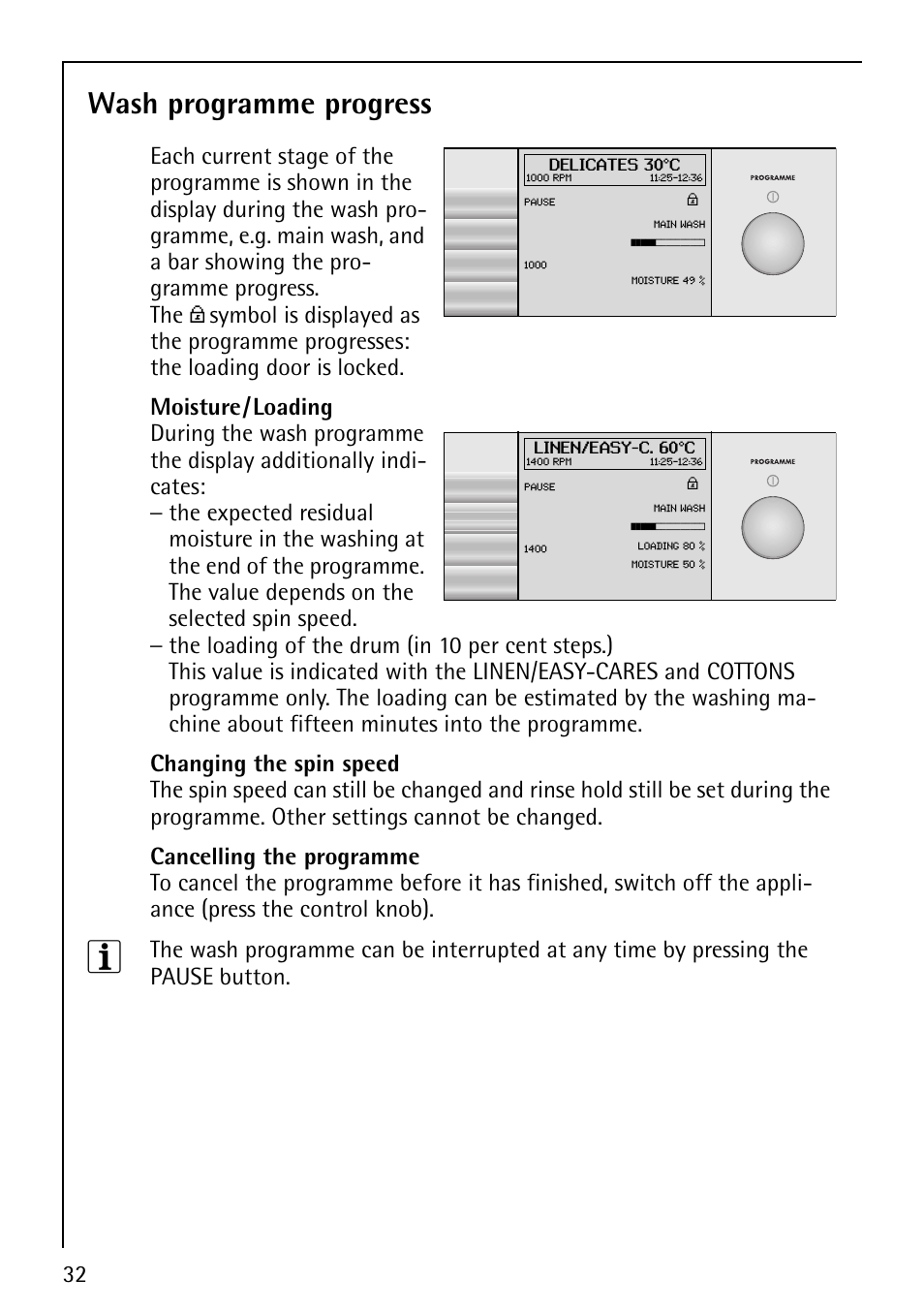 Wash programme progress | Electrolux 1600 User Manual | Page 32 / 72