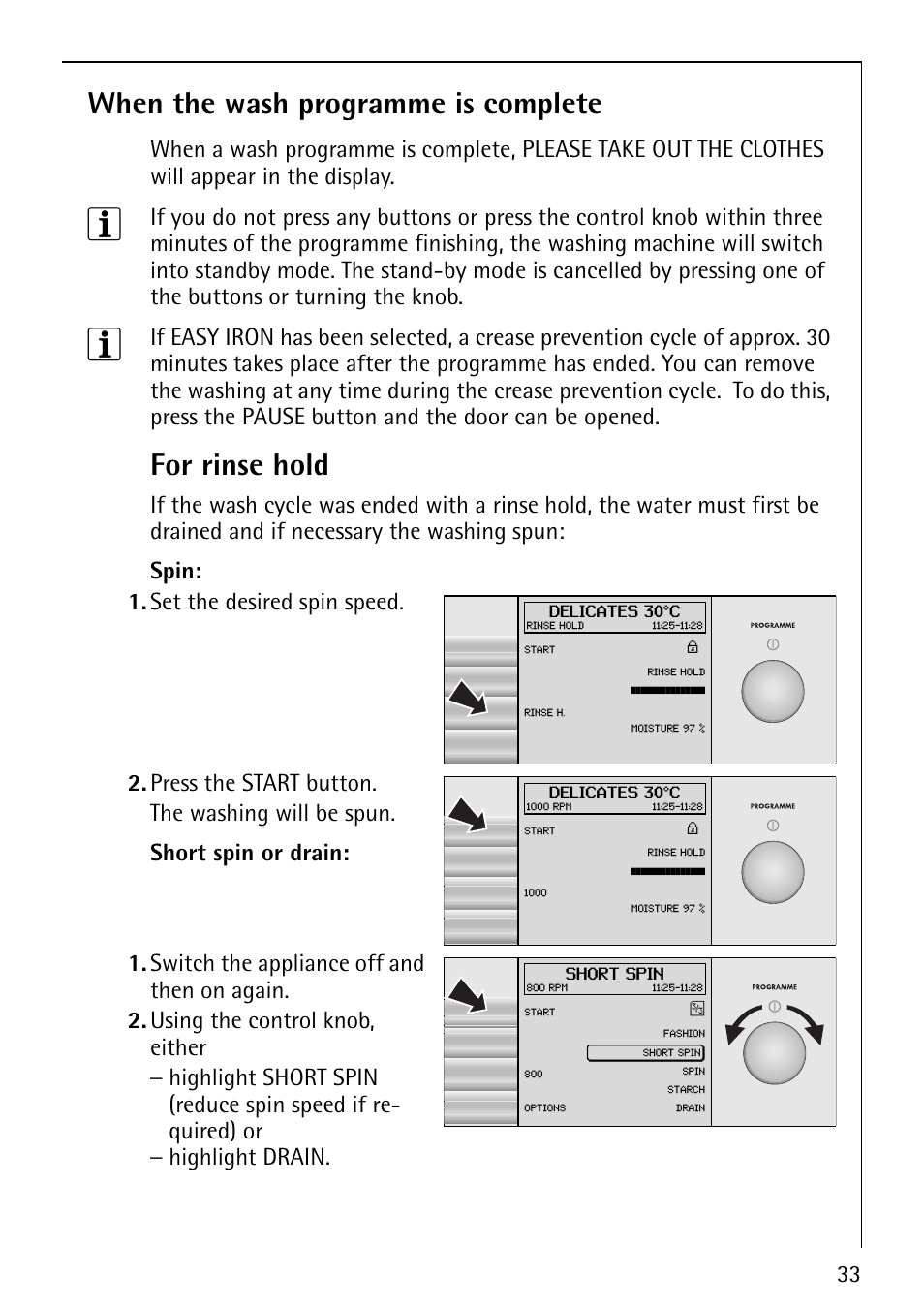 When the wash programme is complete, For rinse hold, Set the desired spin speed | Electrolux 1600 User Manual | Page 33 / 72