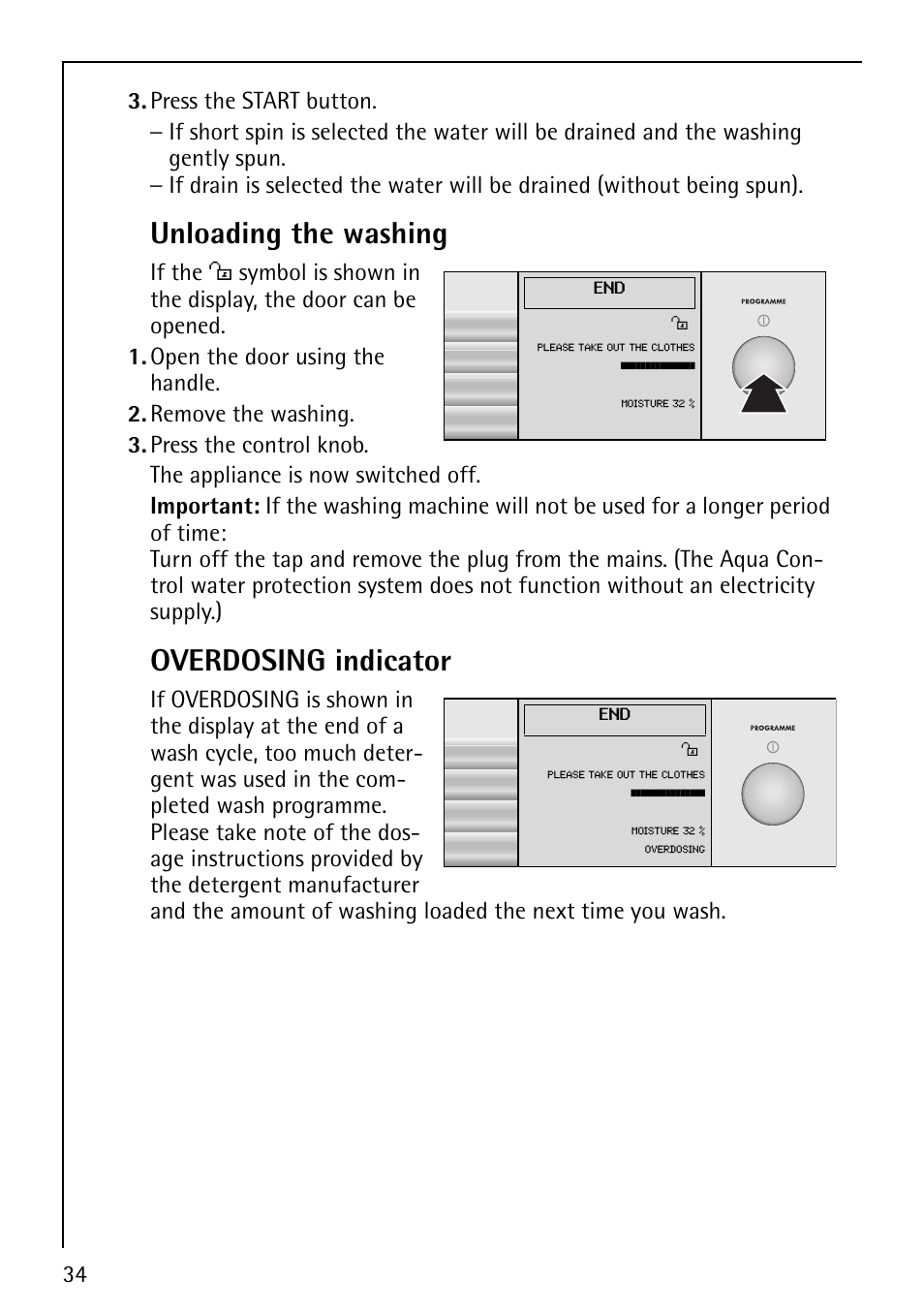 Unloading the washing, Overdosing indicator, If the o | Electrolux 1600 User Manual | Page 34 / 72