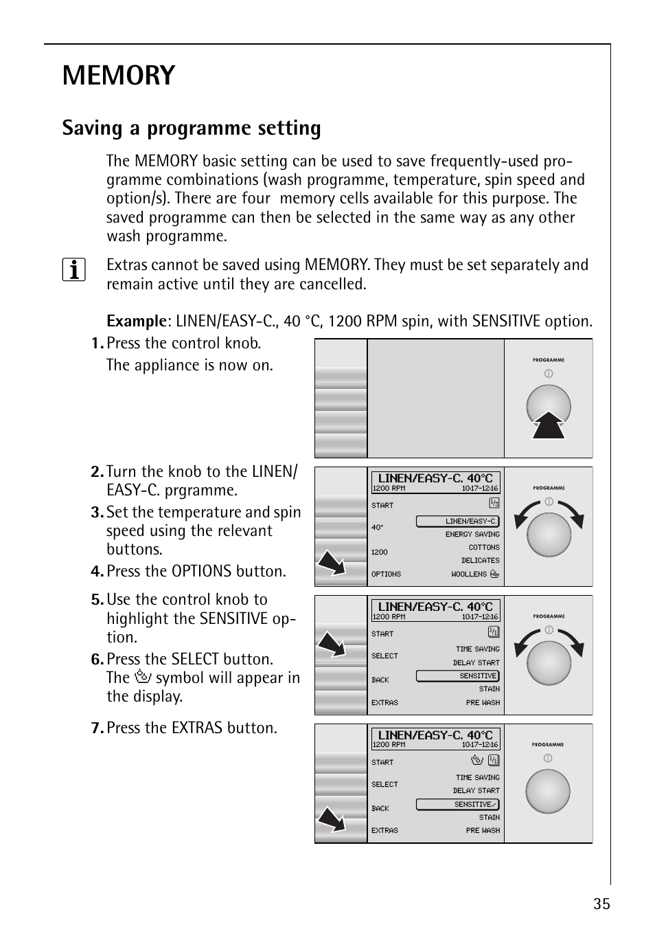 Saving a programme setting, Press the control knob. the appliance is now on, Press the extras button | Electrolux 1600 User Manual | Page 35 / 72