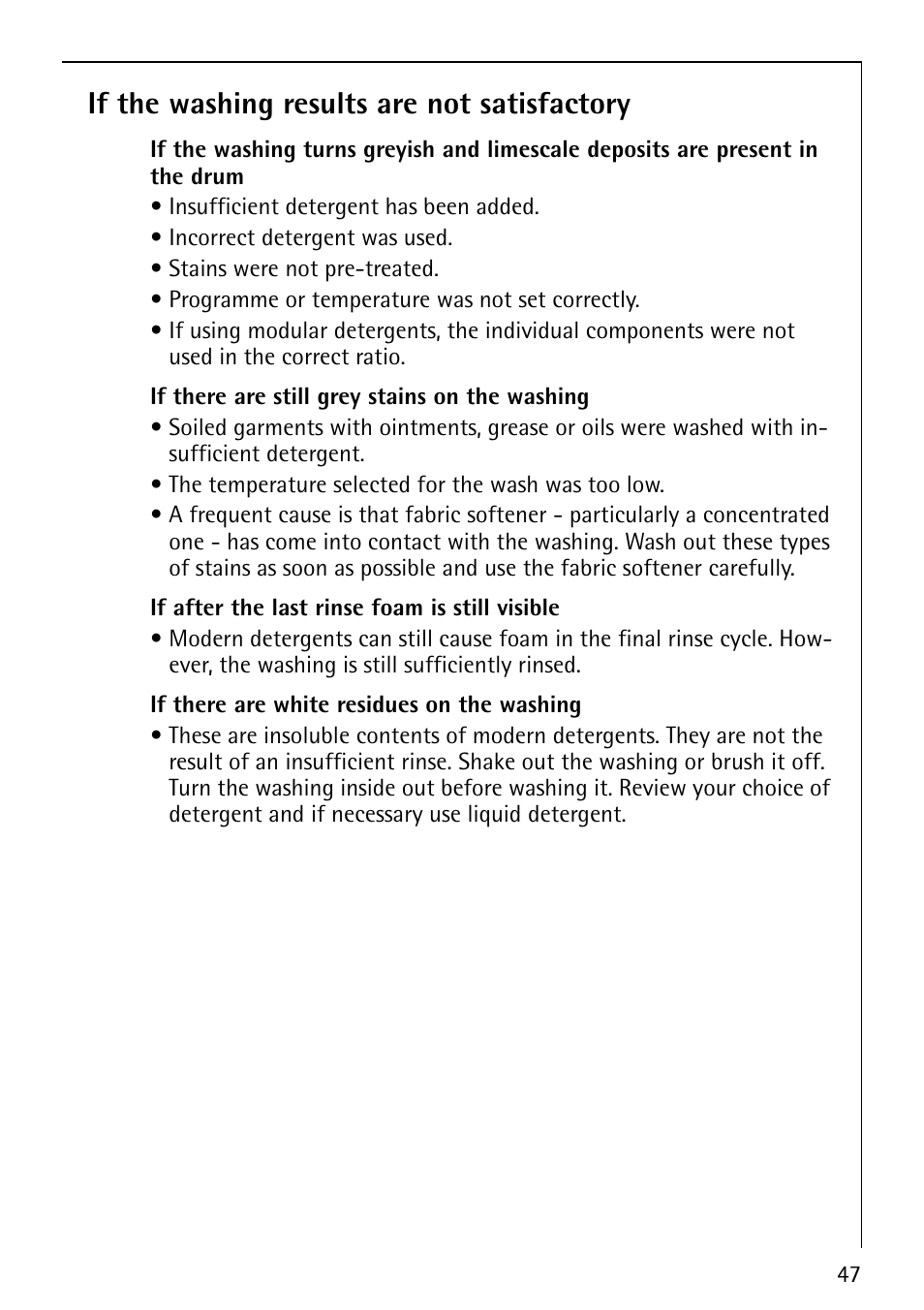 If the washing results are not satisfactory | Electrolux 1600 User Manual | Page 47 / 72