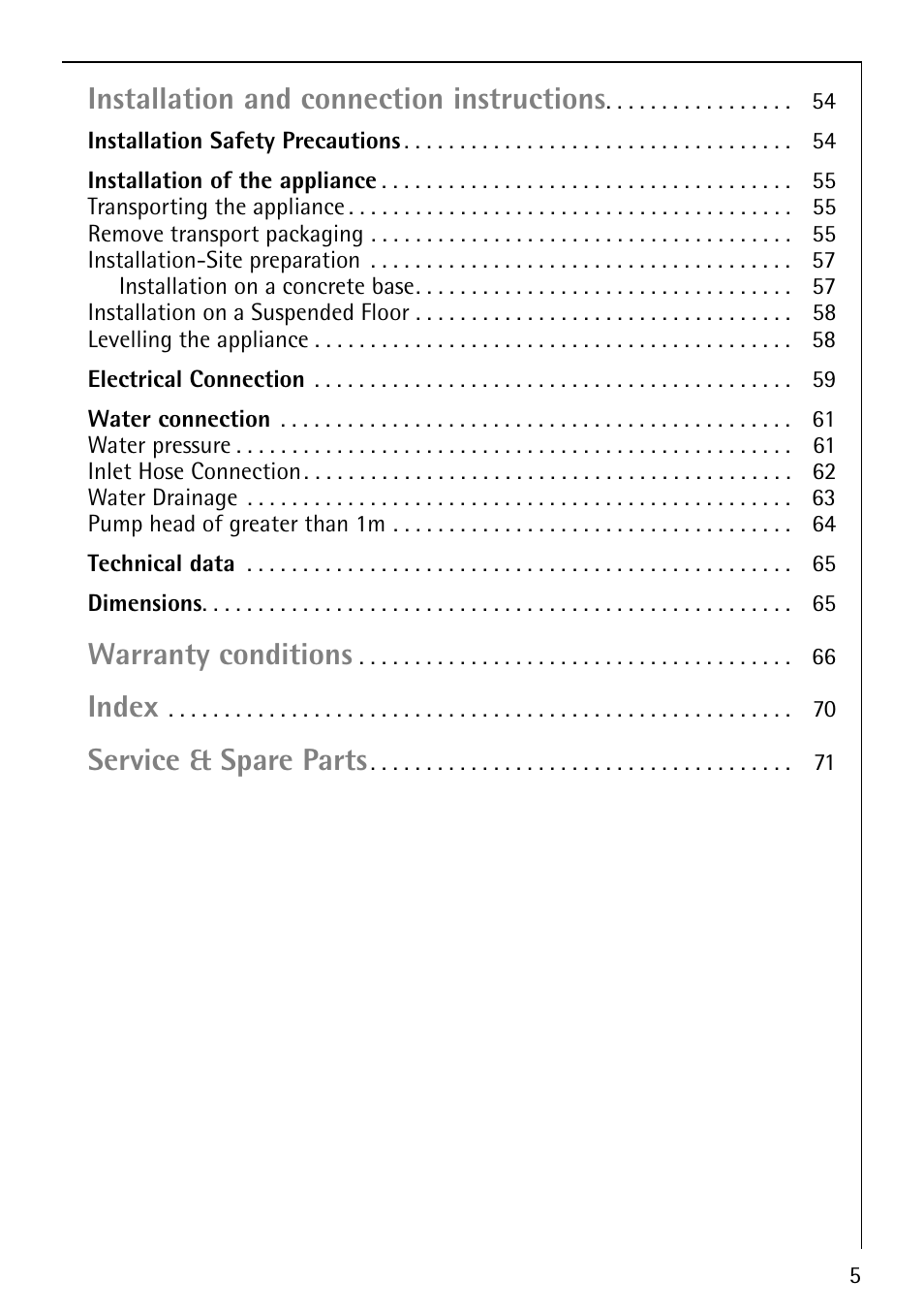 Installation and connection instructions, Warranty conditions, Index | Service & spare parts | Electrolux 1600 User Manual | Page 5 / 72