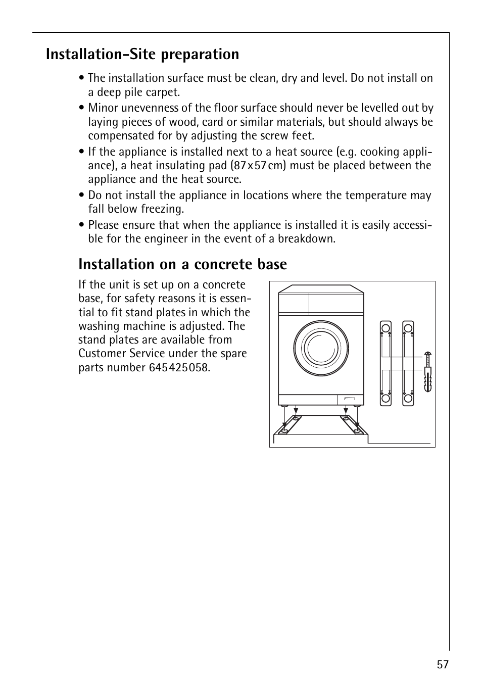 Installation-site preparation, Installation on a concrete base | Electrolux 1600 User Manual | Page 57 / 72