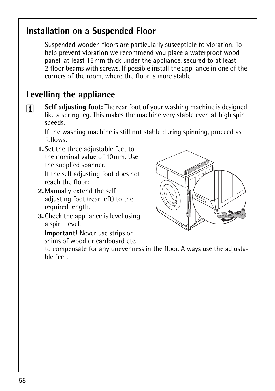 Installation on a suspended floor, Levelling the appliance | Electrolux 1600 User Manual | Page 58 / 72