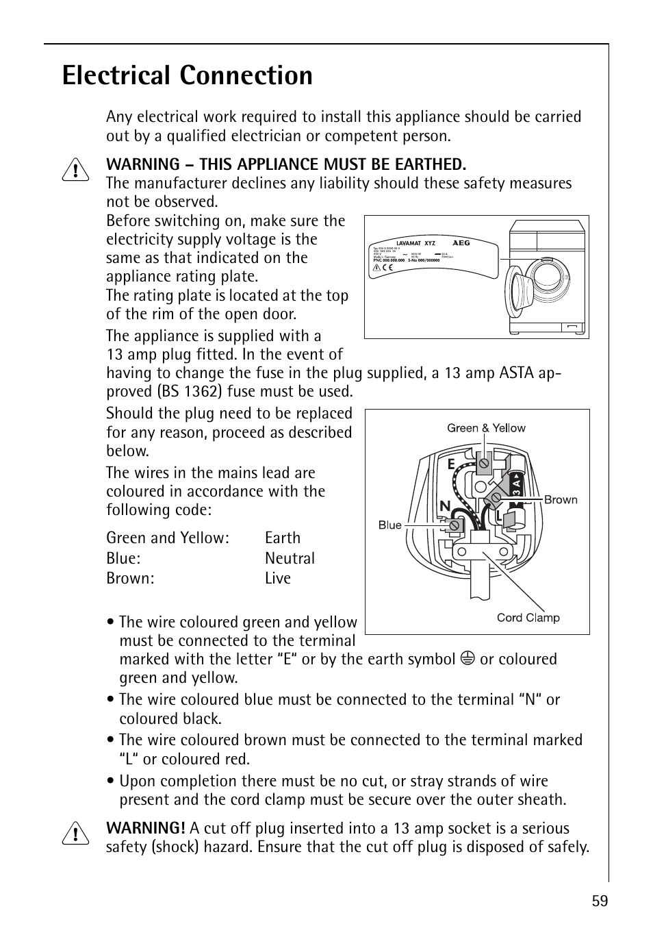 Electrical connection | Electrolux 1600 User Manual | Page 59 / 72