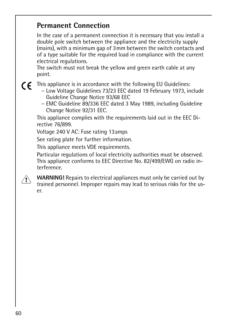 Permanent connection | Electrolux 1600 User Manual | Page 60 / 72