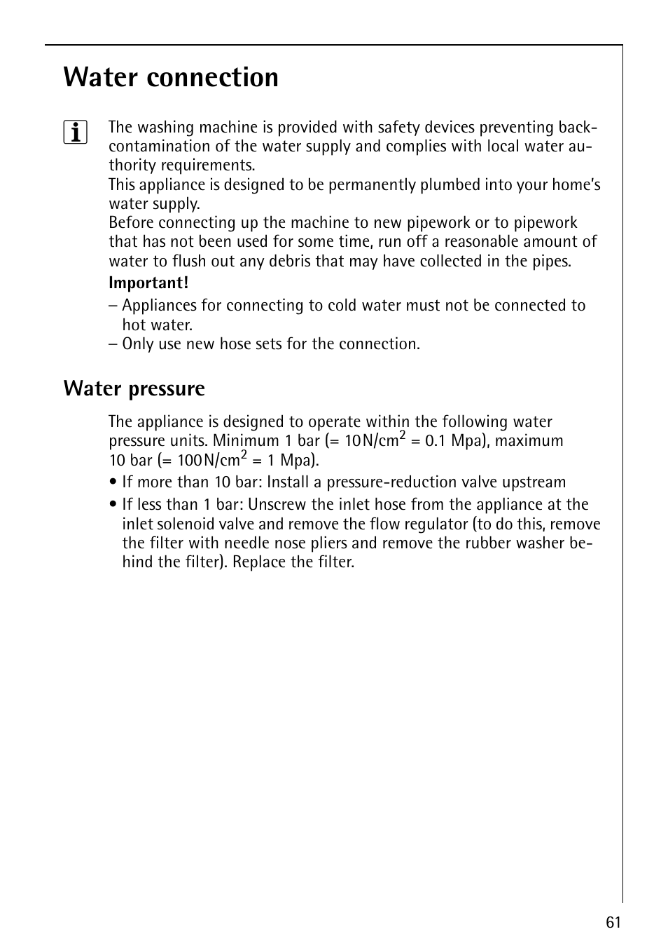 Water connection 3, Water pressure | Electrolux 1600 User Manual | Page 61 / 72