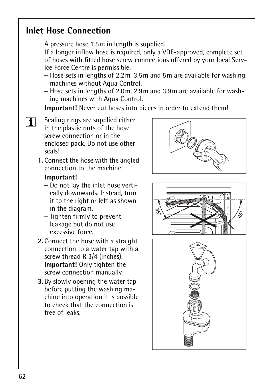 Inlet hose connection | Electrolux 1600 User Manual | Page 62 / 72