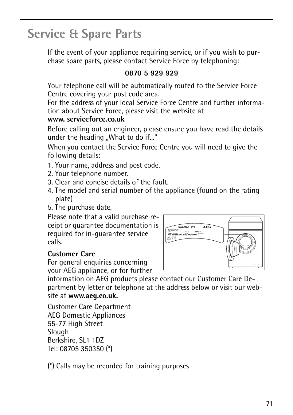 Service & spare parts | Electrolux 1600 User Manual | Page 71 / 72