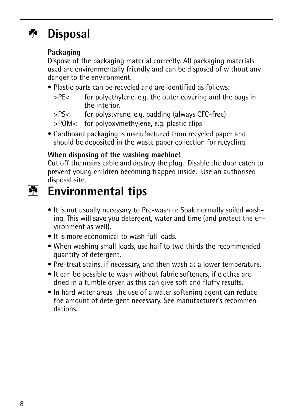 2 disposal, 2 environmental tips | Electrolux 1600 User Manual | Page 8 / 72