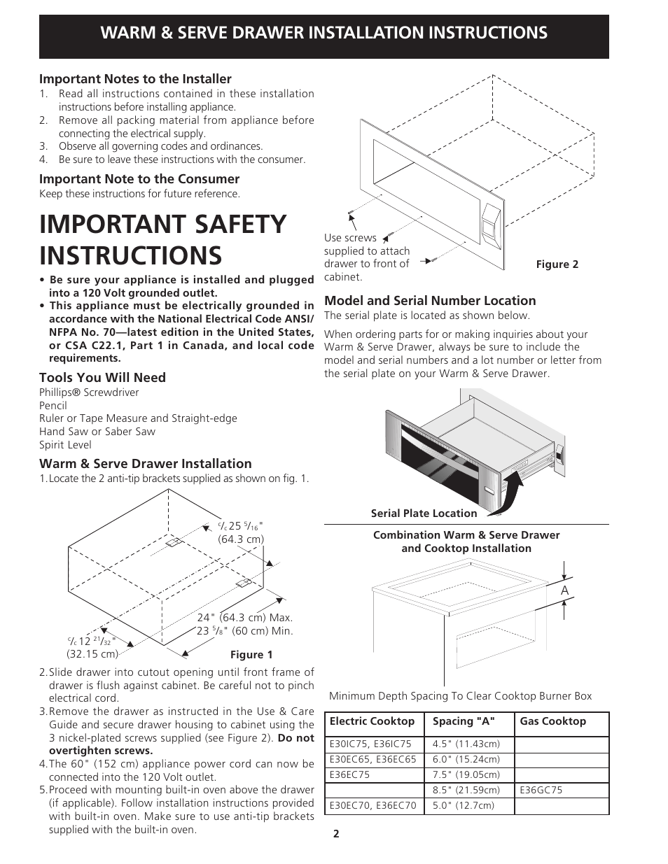 Important safety instructions, Warm & serve drawer installation instructions | Electrolux 318201811 User Manual | Page 2 / 8