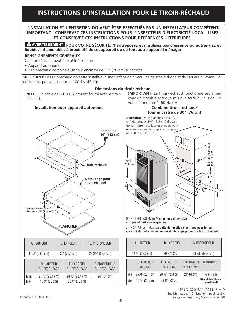 Instructions d’installation pour le tiroir-réchaud | Electrolux 318201811 User Manual | Page 5 / 8