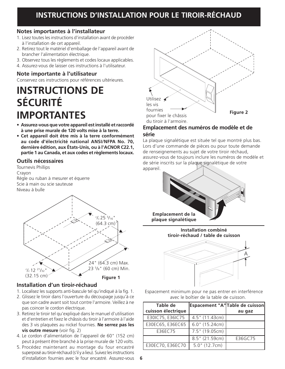 Instructions de sécurité importantes, Instructions d’installation pour le tiroir-réchaud | Electrolux 318201811 User Manual | Page 6 / 8