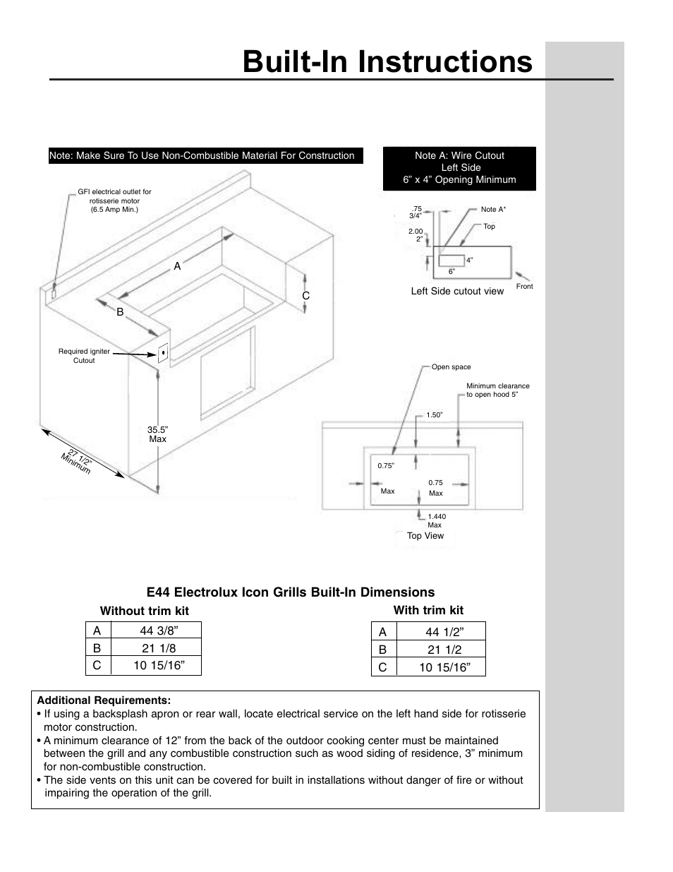 Built-in instructions, E44 electrolux icon grills built-in dimensions | Electrolux W10101296A User Manual | Page 2 / 2
