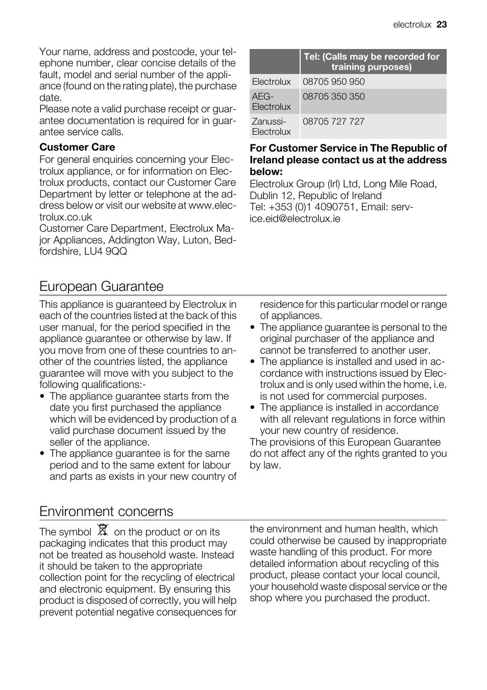 European guarantee, Environment concerns | Electrolux EKC5544 User Manual | Page 23 / 28