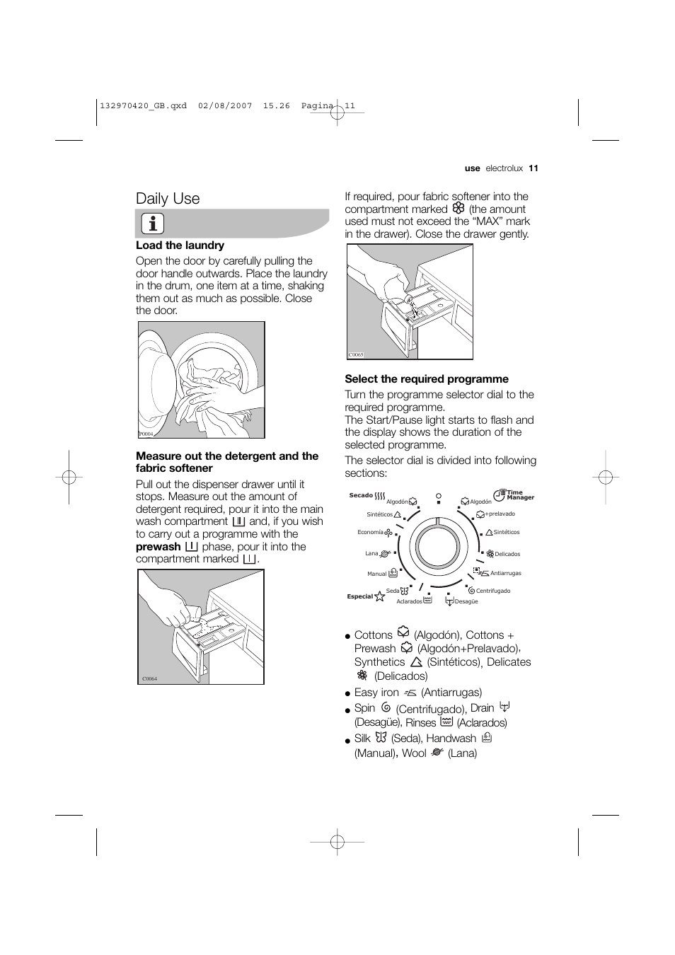 Daily use, Easy iron (antiarrugas), Silk (seda), handwash (manual), wool (lana) | Electrolux EWW 12480 W User Manual | Page 11 / 96