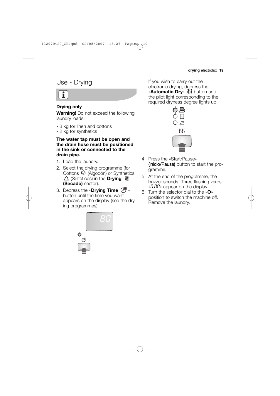 Use - drying | Electrolux EWW 12480 W User Manual | Page 19 / 96